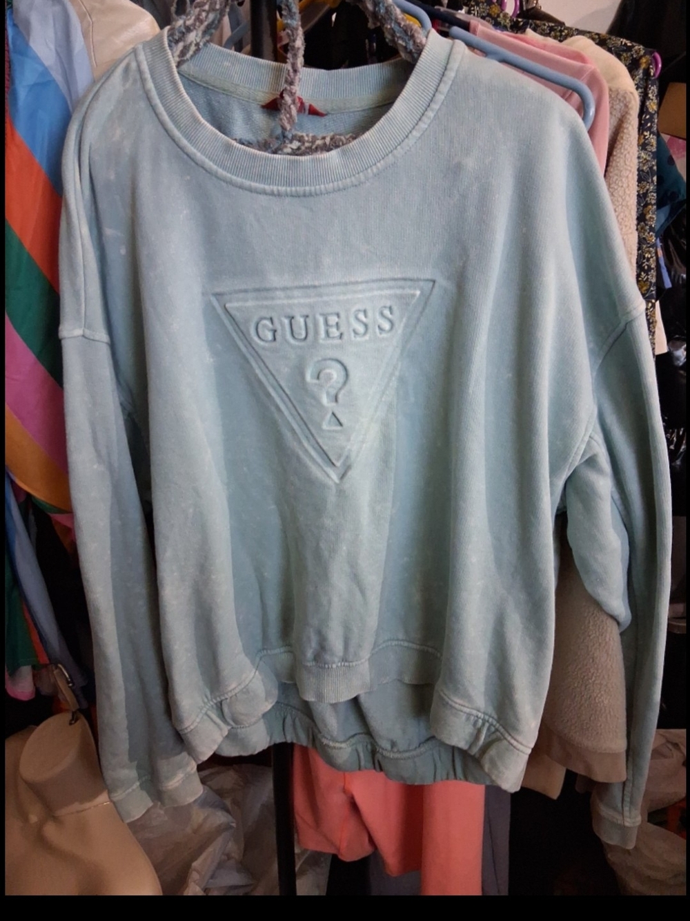 GUESS Light Aqua Embossed Logo Crewneck Sweatshirt